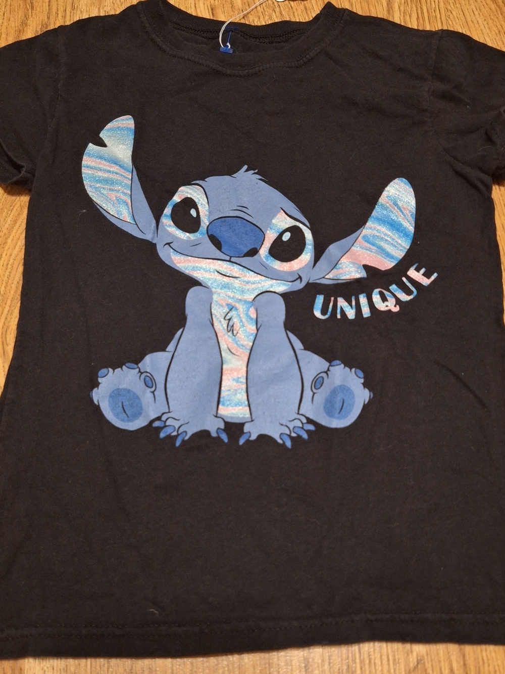 Disney Black Tee with Blue Stitch and Iridescent Pink-Blue Accents